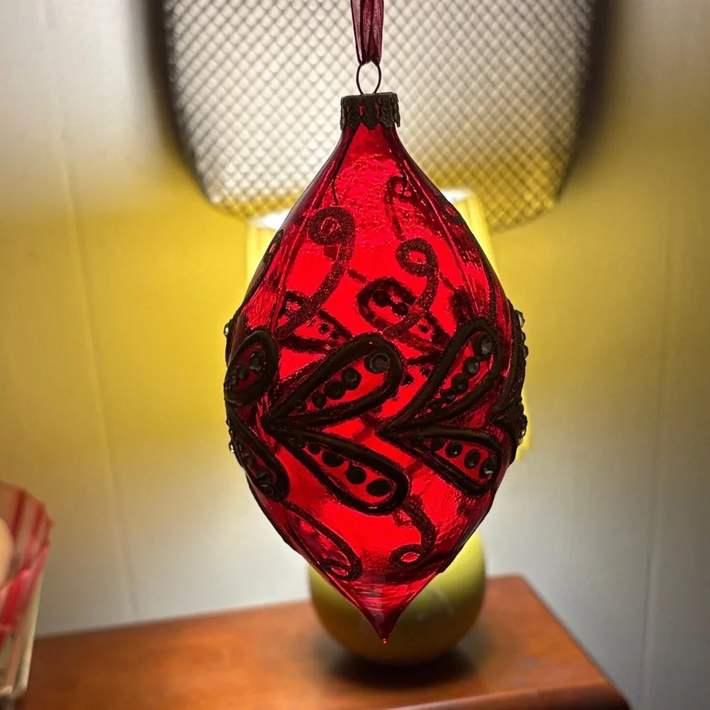 Holiday Glass Teardrop Ornament in Red with Gold Accents